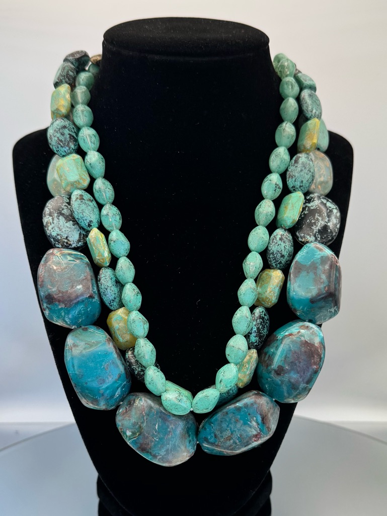 Turquoise & Chrysoprase Stone 3-Strand Necklace With Brass Findings